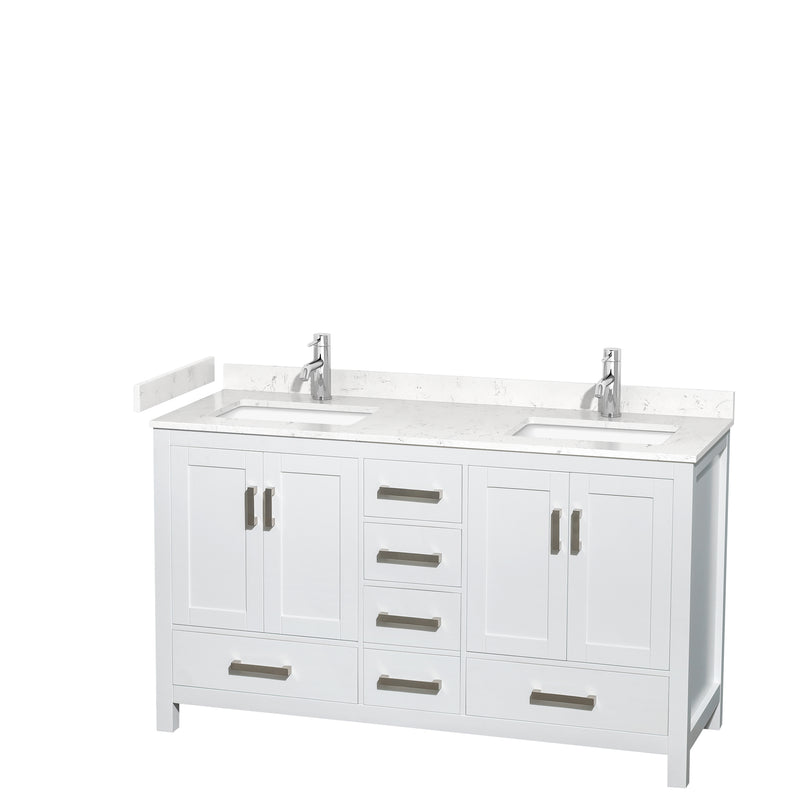 Wyndham Sheffield 60" Double Bathroom Vanity In White With Carrara Cultured Marble Countertop Undermount Square Sinks And No Mirror WCS141460DWHC2UNSMXX