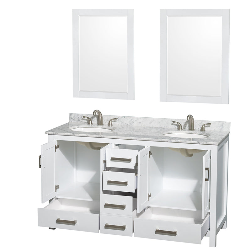 Wyndham Sheffield 60" Double Bathroom Vanity In White White Carrara Marble Countertop Undermount Oval Sinks and 24" Mirrors WCS141460DWHCMUNOM24