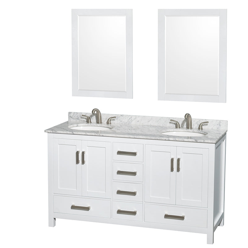 Wyndham Sheffield 60" Double Bathroom Vanity In White White Carrara Marble Countertop Undermount Oval Sinks And 24" Mirrors WCS141460DWHCMUNOM24