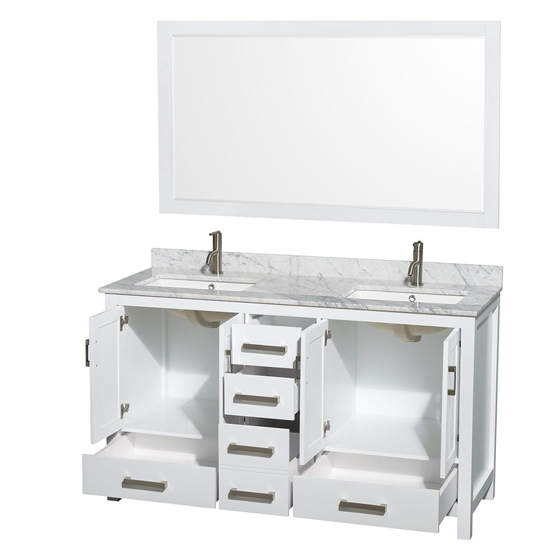 Wyndham Sheffield 60" Double Bathroom Vanity In White White Carrara Marble Countertop Undermount Square Sinks and 58" Mirror WCS141460DWHCMUNSM58