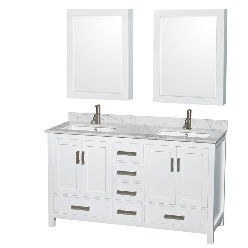 Wyndham Sheffield 60" Double Bathroom Vanity In White White Carrara Marble Countertop Undermount Square Sinks And Medicine Cabinets WCS141460DWHCMUNSMED