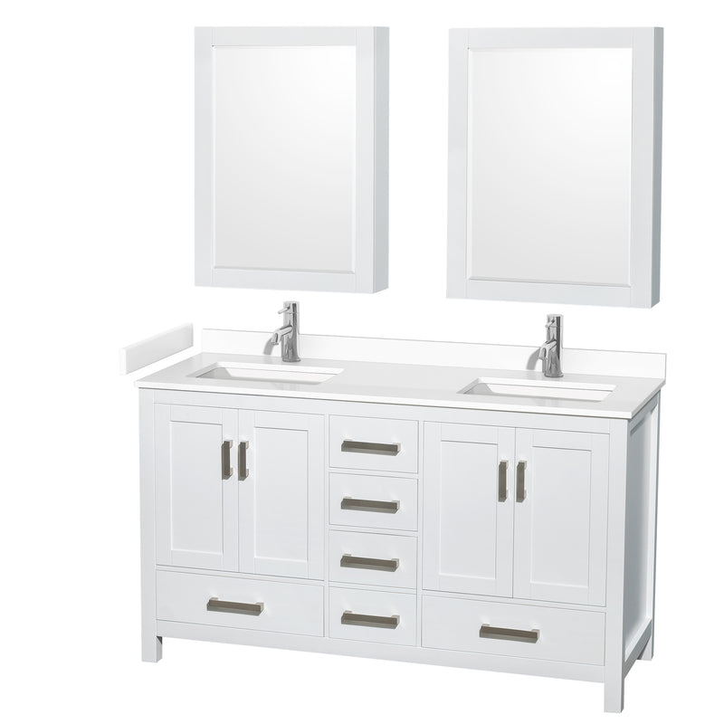 Wyndham Sheffield 60" Double Bathroom Vanity In White With White Cultured Marble Countertop Undermount Square Sinks And Medicine Cabinets WCS141460DWHWCUNSMED