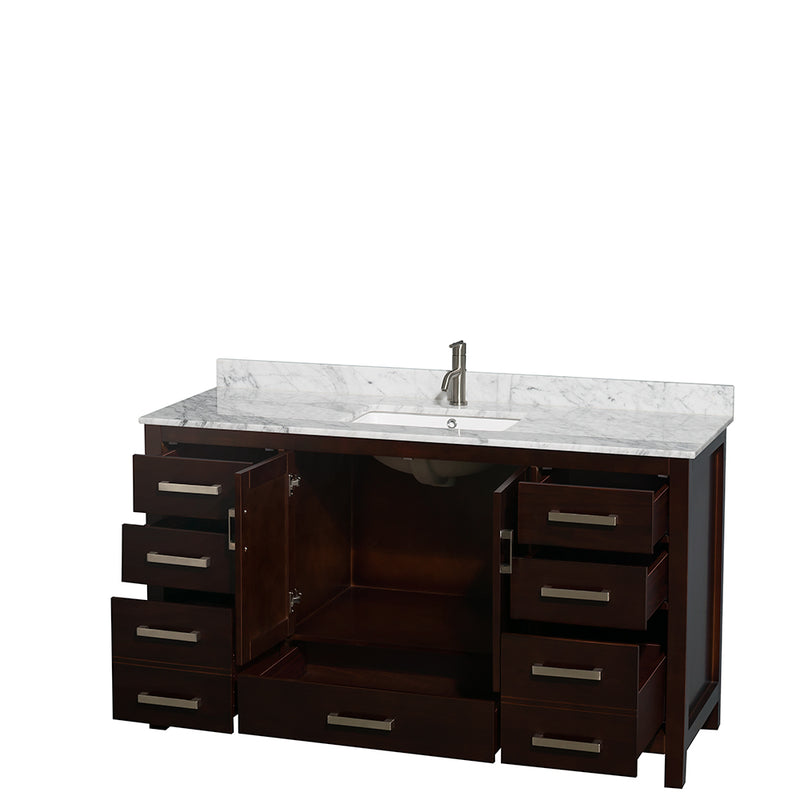 Wyndham Sheffield 60" Single Bathroom Vanity In Espresso White Carrara Marble Countertop Undermount Square Sink and No Mirror WCS141460SESCMUNSMXX