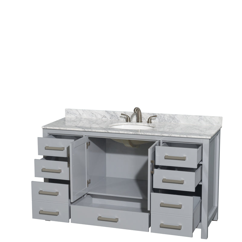 Wyndham Sheffield 60" Single Bathroom Vanity In Gray with White Carrara Marble Countertop Undermount Oval Sink and No Mirror WCS141460SGYCMUNOMXX