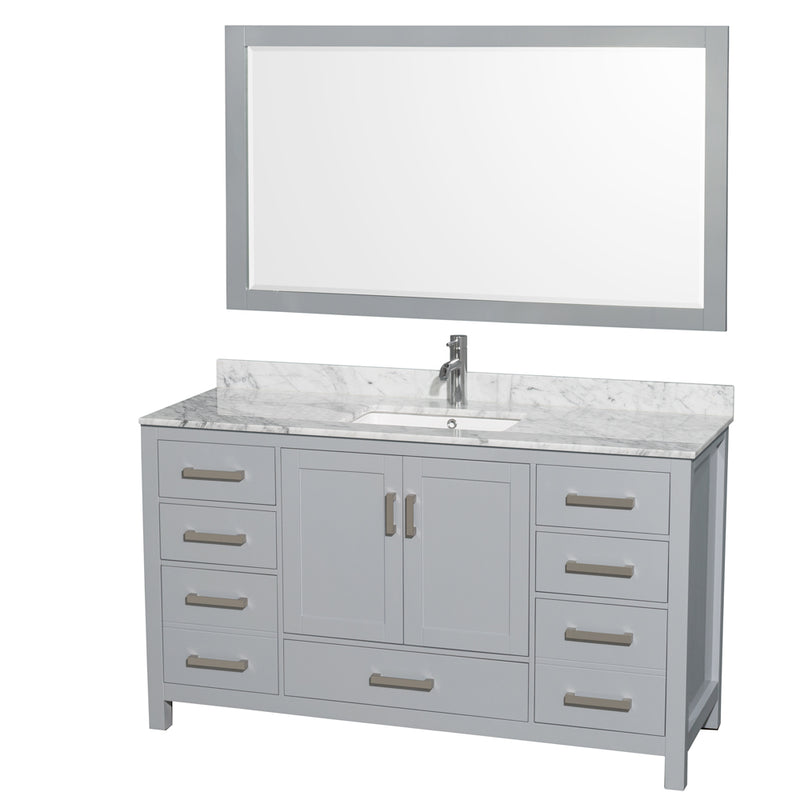 Wyndham Sheffield 60" Single Bathroom Vanity In Gray With White Carrara Marble Countertop Undermount Square Sink And 58" Mirror WCS141460SGYCMUNSM58