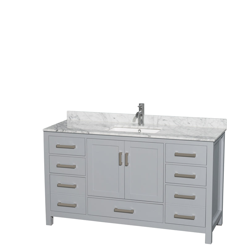 Wyndham Sheffield 60" Single Bathroom Vanity In Gray With White Carrara Marble Countertop Undermount Square Sink And No Mirror WCS141460SGYCMUNSMXX