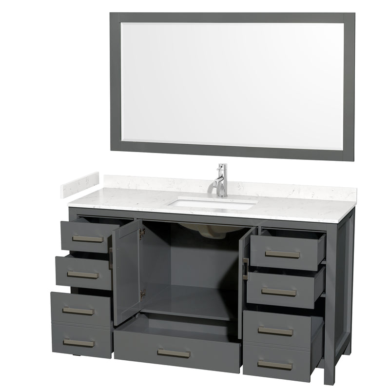 Wyndham Sheffield 60" Single Bathroom Vanity In Dark Gray with Carrara Cultured Marble Countertop Undermount Square Sink and 58" Mirror WCS141460SKGC2UNSM58