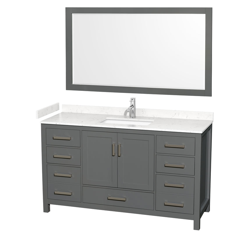 Wyndham Sheffield 60" Single Bathroom Vanity In Dark Gray With Carrara Cultured Marble Countertop Undermount Square Sink And 58" Mirror WCS141460SKGC2UNSM58