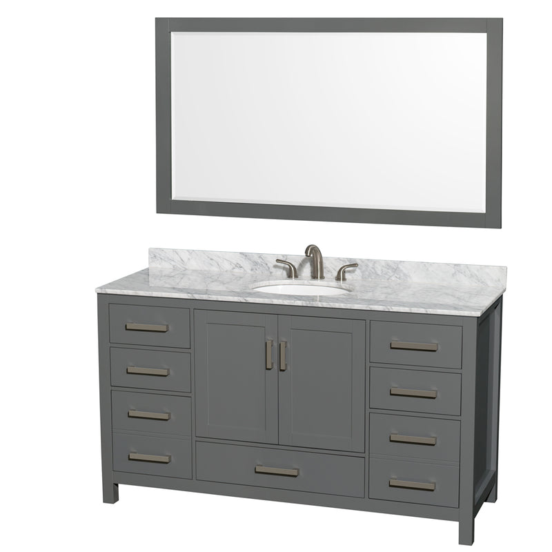 Wyndham Sheffield 60" Single Bathroom Vanity In Dark Gray With White Carrara Marble Countertop Undermount Oval Sink And 58" Mirror WCS141460SKGCMUNOM58