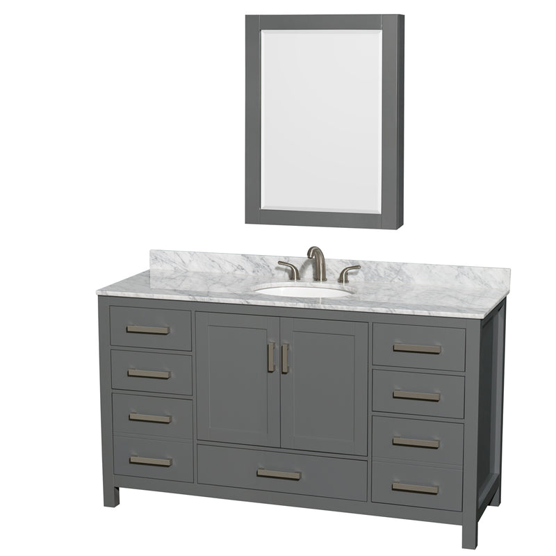 Wyndham Sheffield 60" Single Bathroom Vanity In Dark Gray With White Carrara Marble Countertop Undermount Oval Sink And Medicine Cabinet WCS141460SKGCMUNOMED