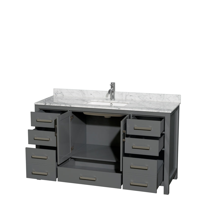 Wyndham Sheffield 60" Single Bathroom Vanity In Dark Gray with White Carrara Marble Countertop Undermount Square Sink and No Mirror WCS141460SKGCMUNSMXX