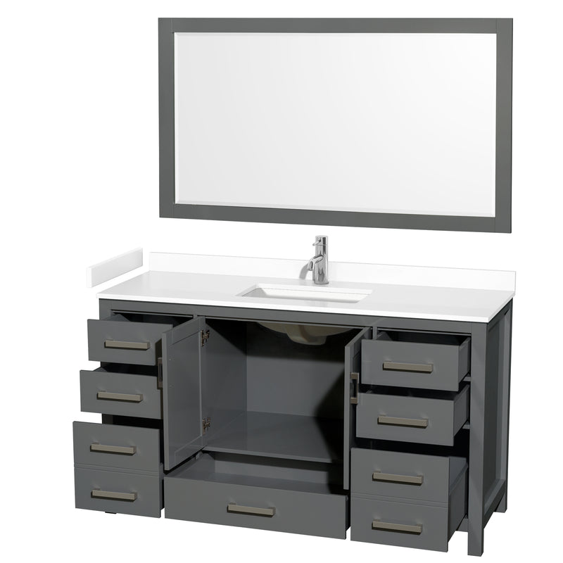 Wyndham Sheffield 60" Single Bathroom Vanity In Dark Gray with White Cultured Marble Countertop Undermount Square Sink and 58" Mirror WCS141460SKGWCUNSM58