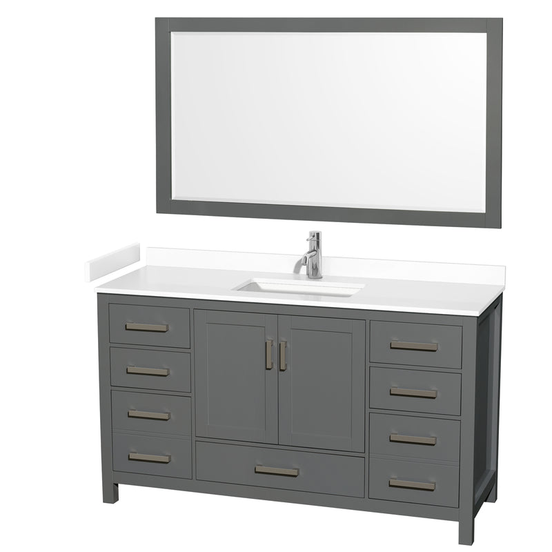 Wyndham Sheffield 60" Single Bathroom Vanity In Dark Gray With White Cultured Marble Countertop Undermount Square Sink And 58" Mirror WCS141460SKGWCUNSM58