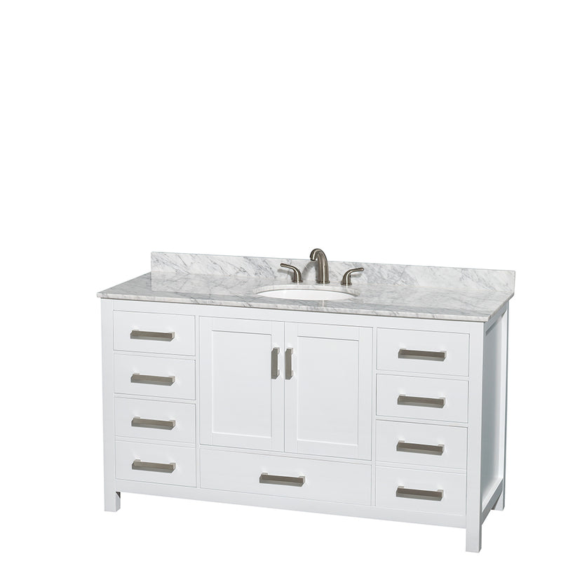 Wyndham Sheffield 60" Single Bathroom Vanity In White White Carrara Marble Countertop Undermount Oval Sink and 58" Mirror WCS141460SWHCMUNOM58