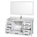 Wyndham Sheffield 60" Single Bathroom Vanity In White White Carrara Marble Countertop Undermount Square Sink and 58" Mirror WCS141460SWHCMUNSM58