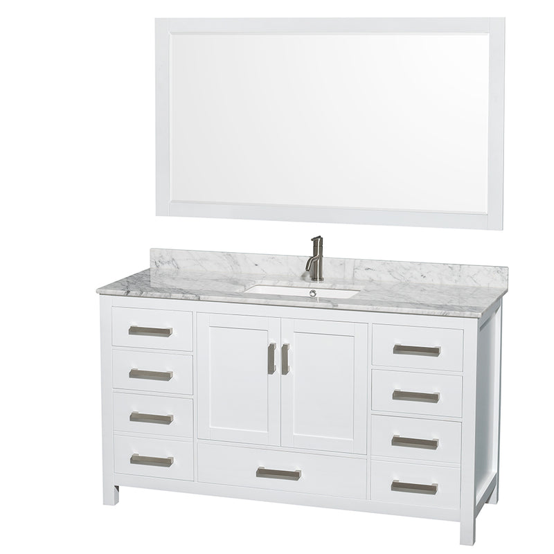 Wyndham Sheffield 60" Single Bathroom Vanity In White White Carrara Marble Countertop Undermount Square Sink And 58" Mirror WCS141460SWHCMUNSM58