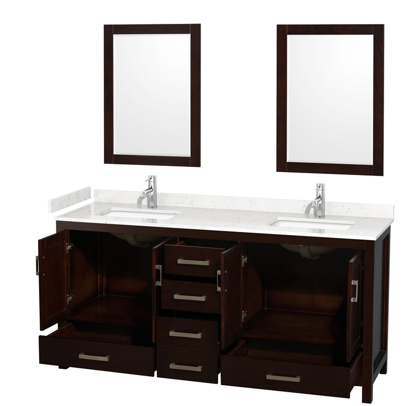 Wyndham Sheffield 72" Double Bathroom Vanity In Espresso with Carrara Cultured Marble Countertop Undermount Square Sinks and 24" Mirrors WCS141472DESC2UNSM24