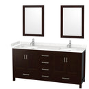 Wyndham Sheffield 72" Double Bathroom Vanity In Espresso With Carrara Cultured Marble Countertop Undermount Square Sinks And 24" Mirrors WCS141472DESC2UNSM24