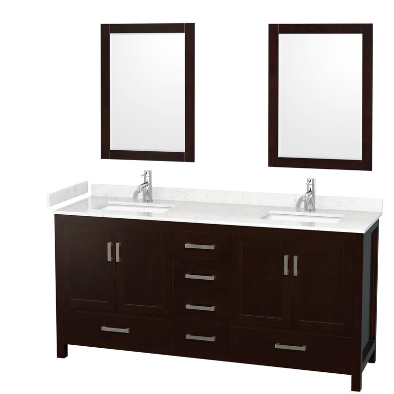 Wyndham Sheffield 72" Double Bathroom Vanity In Espresso With Carrara Cultured Marble Countertop Undermount Square Sinks And 24" Mirrors WCS141472DESC2UNSM24