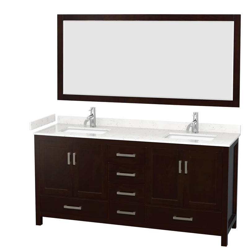 Wyndham Sheffield 72" Double Bathroom Vanity In Espresso With Carrara Cultured Marble Countertop Undermount Square Sinks And 70" Mirror WCS141472DESC2UNSM70