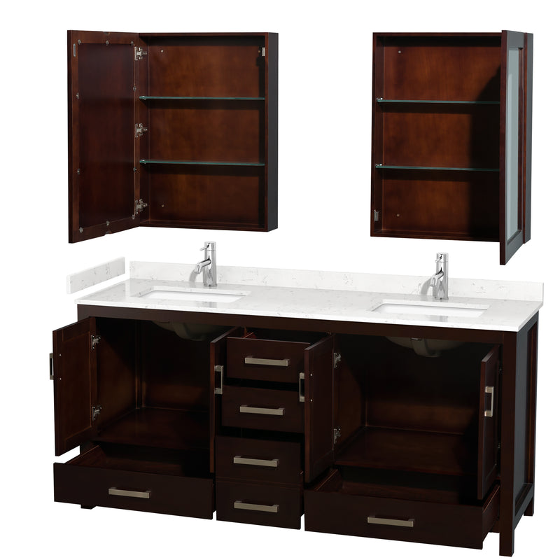 Wyndham Sheffield 72" Double Bathroom Vanity In Espresso with Carrara Cultured Marble Countertop Undermount Square Sinks and Medicine Cabinets WCS141472DESC2UNSMED