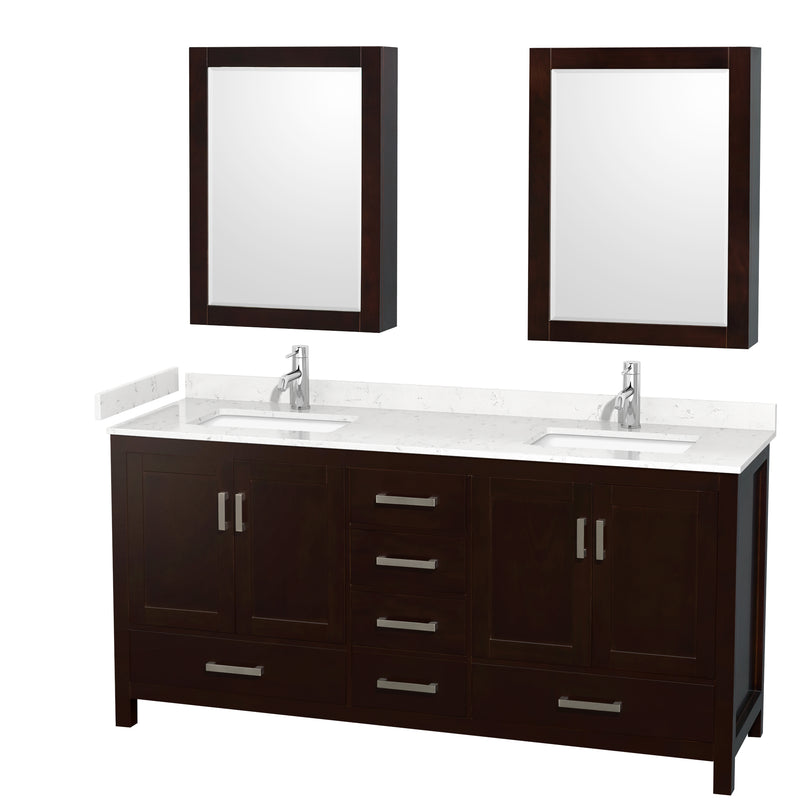 Wyndham Sheffield 72" Double Bathroom Vanity In Espresso With Carrara Cultured Marble Countertop Undermount Square Sinks And Medicine Cabinets WCS141472DESC2UNSMED