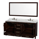 Wyndham Sheffield 72" Double Bathroom Vanity In Espresso White Carrara Marble Countertop Undermount Oval Sinks and 70" Mirror WCS141472DESCMUNOM70