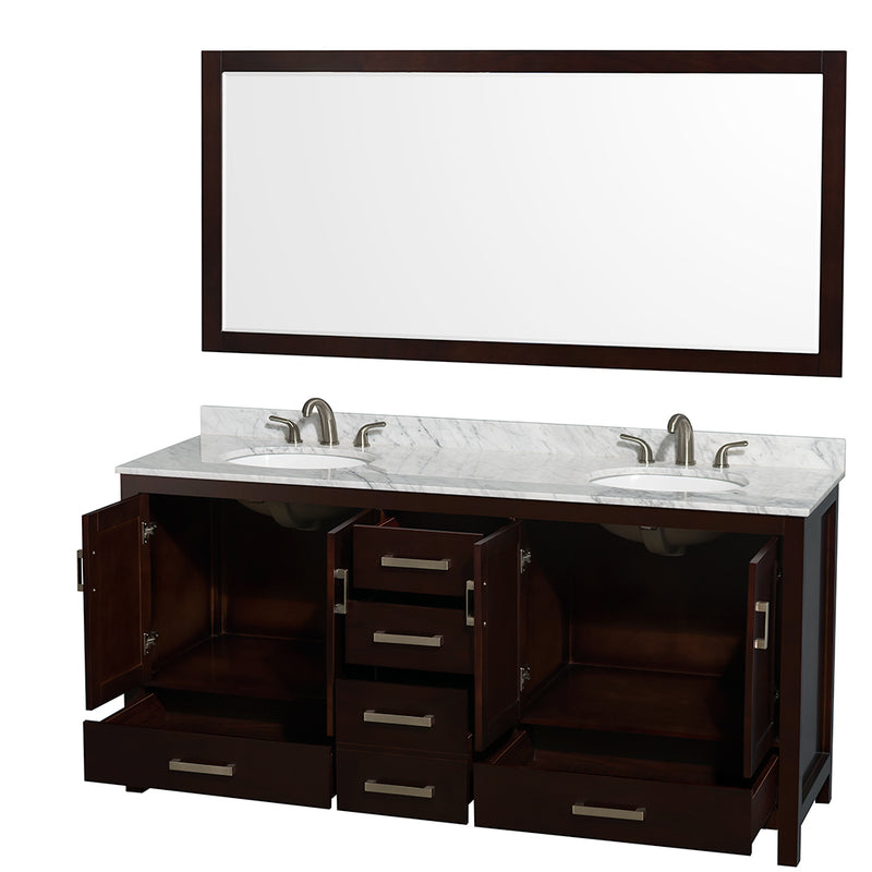 Wyndham Sheffield 72" Double Bathroom Vanity In Espresso White Carrara Marble Countertop Undermount Oval Sinks and 70" Mirror WCS141472DESCMUNOM70