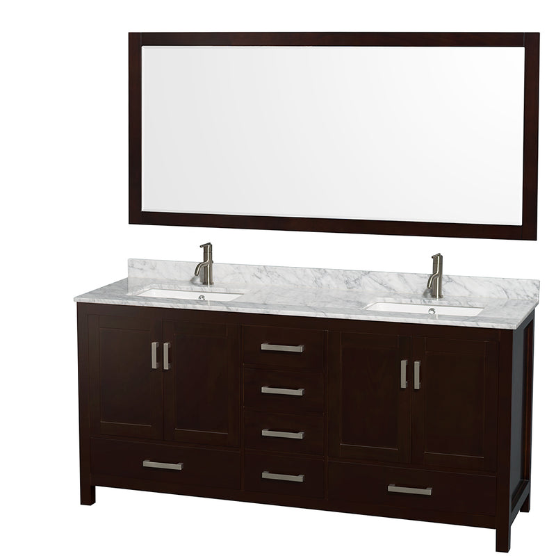 Wyndham Sheffield 72" Double Bathroom Vanity In Espresso White Carrara Marble Countertop Undermount Square Sinks And 70" Mirror WCS141472DESCMUNSM70