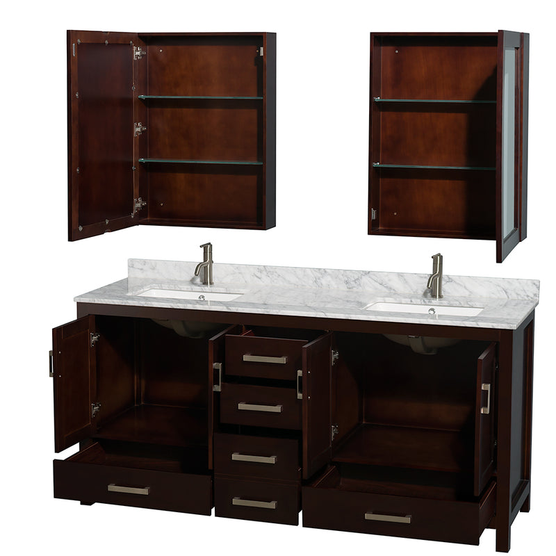 Wyndham Sheffield 72" Double Bathroom Vanity In Espresso White Carrara Marble Countertop Undermount Square Sinks and Medicine Cabinets WCS141472DESCMUNSMED