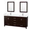 Wyndham Sheffield 72" Double Bathroom Vanity In Espresso With White Cultured Marble Countertop Undermount Square Sinks And 24" Mirrors WCS141472DESWCUNSM24