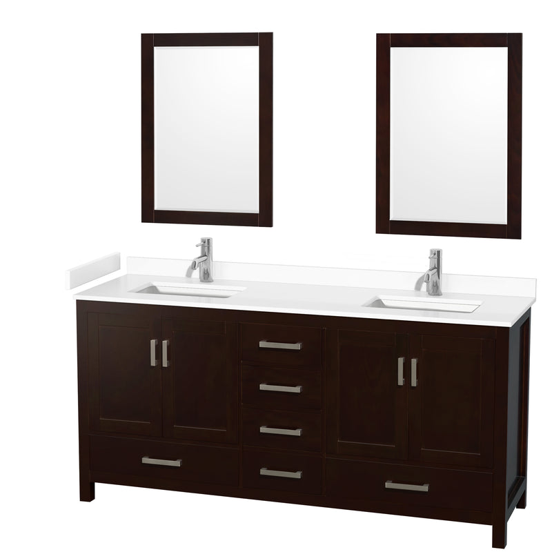 Wyndham Sheffield 72" Double Bathroom Vanity In Espresso With White Cultured Marble Countertop Undermount Square Sinks And 24" Mirrors WCS141472DESWCUNSM24