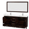 Wyndham Sheffield 72" Double Bathroom Vanity In Espresso with White Cultured Marble Countertop Undermount Square Sinks and 70" Mirror WCS141472DESWCUNSM70