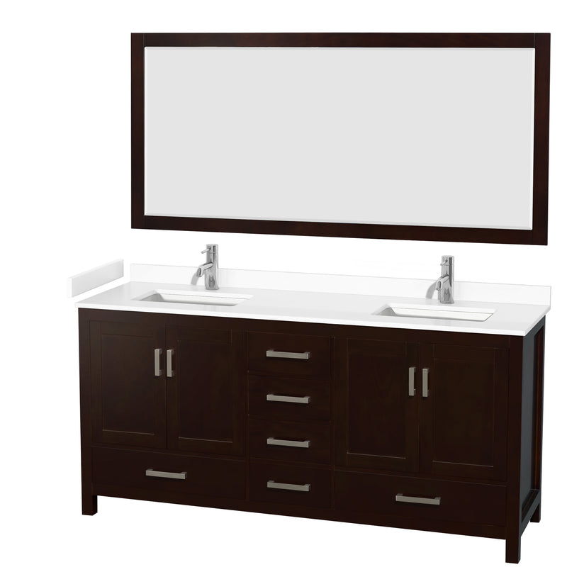 Wyndham Sheffield 72" Double Bathroom Vanity In Espresso With White Cultured Marble Countertop Undermount Square Sinks And 70" Mirror WCS141472DESWCUNSM70