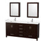 Wyndham Sheffield 72" Double Bathroom Vanity In Espresso With White Cultured Marble Countertop Undermount Square Sinks And Medicine Cabinets WCS141472DESWCUNSMED