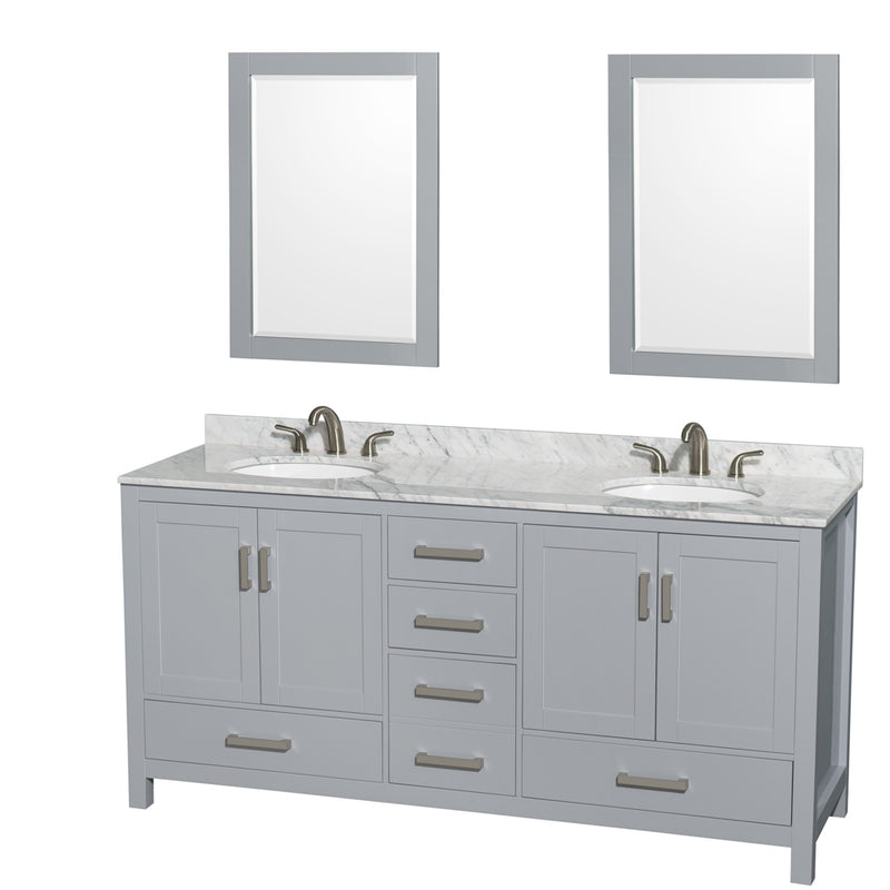 Wyndham Sheffield 72" Double Bathroom Vanity In Gray With White Carrara Marble Countertop Undermount Oval Sinks And 24" Mirrors WCS141472DGYCMUNOM24