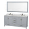 Wyndham Sheffield 72" Double Bathroom Vanity In Gray With White Carrara Marble Countertop Undermount Oval Sinks And 70" Mirror WCS141472DGYCMUNOM70