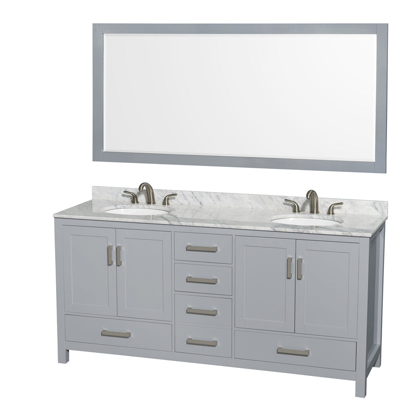 Wyndham Sheffield 72" Double Bathroom Vanity In Gray With White Carrara Marble Countertop Undermount Oval Sinks And 70" Mirror WCS141472DGYCMUNOM70