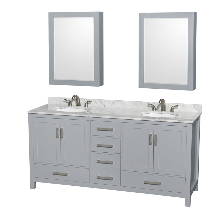 Wyndham Sheffield 72" Double Bathroom Vanity In Gray With White Carrara Marble Countertop Undermount Oval Sinks And Medicine Cabinets WCS141472DGYCMUNOMED