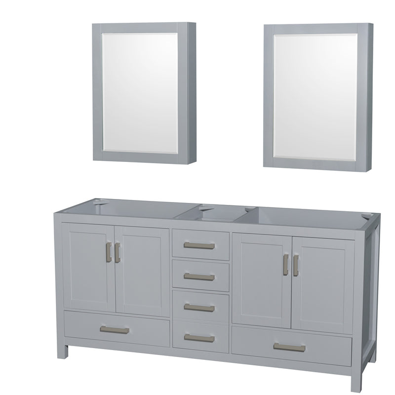 Wyndham Sheffield 72" Double Bathroom Vanity In Gray With No Countertop No Sink And Medicine Cabinets WCS141472DGYCXSXXMED