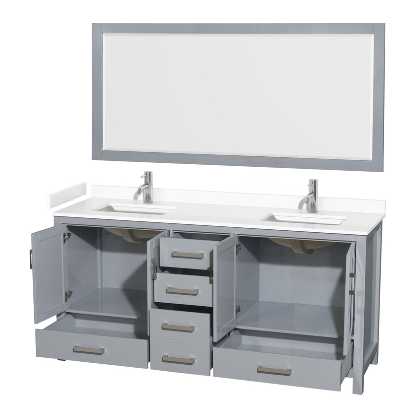 Wyndham Sheffield 72" Double Bathroom Vanity In Gray with White Cultured Marble Countertop Undermount Square Sinks and 70" Mirror WCS141472DGYWCUNSM70