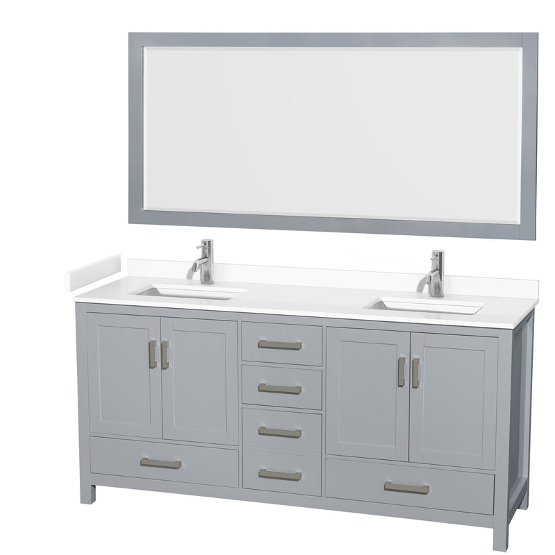 Wyndham Sheffield 72" Double Bathroom Vanity In Gray With White Cultured Marble Countertop Undermount Square Sinks And 70" Mirror WCS141472DGYWCUNSM70