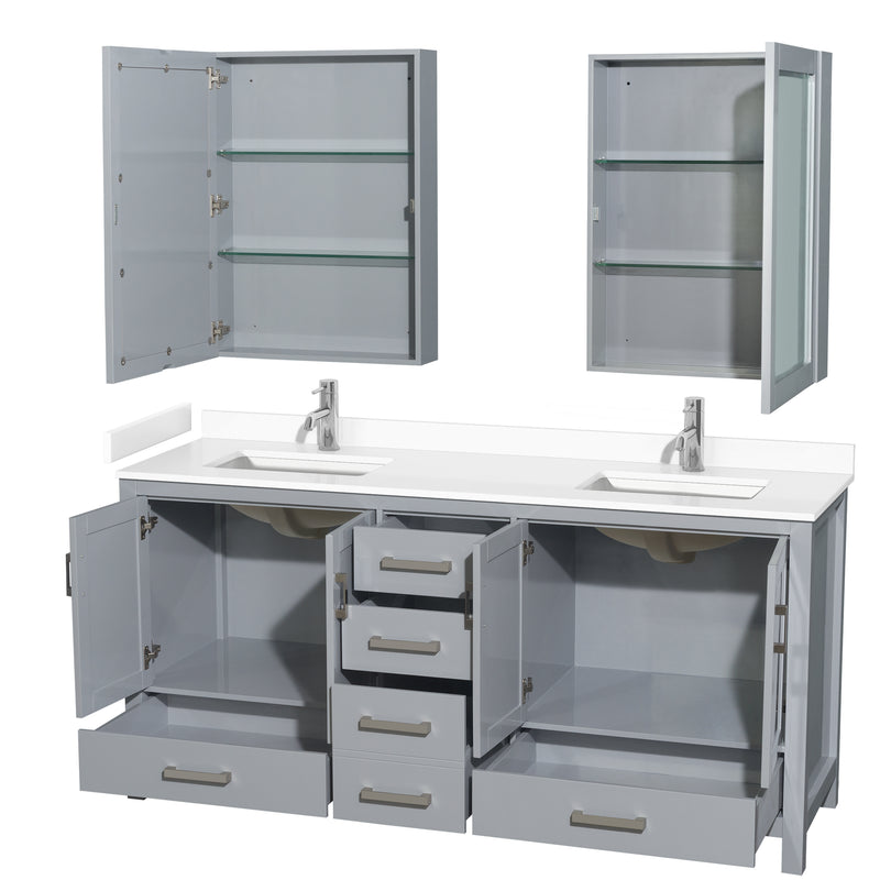 Wyndham Sheffield 72" Double Bathroom Vanity In Gray with White Cultured Marble Countertop Undermount Square Sinks and Medicine Cabinets WCS141472DGYWCUNSMED