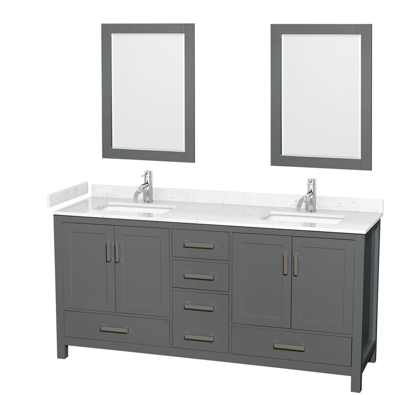 Wyndham Sheffield 72" Double Bathroom Vanity In Dark Gray With Carrara Cultured Marble Countertop Undermount Square Sinks And 24" Mirrors WCS141472DKGC2UNSM24