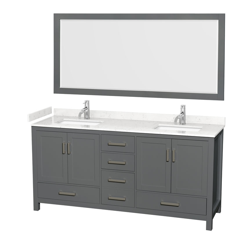 Wyndham Sheffield 72" Double Bathroom Vanity In Dark Gray With Carrara Cultured Marble Countertop Undermount Square Sinks And 70" Mirror WCS141472DKGC2UNSM70