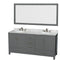 Wyndham Sheffield 72" Double Bathroom Vanity In Dark Gray With White Carrara Marble Countertop Undermount Oval Sinks And 70" Mirror WCS141472DKGCMUNOM70