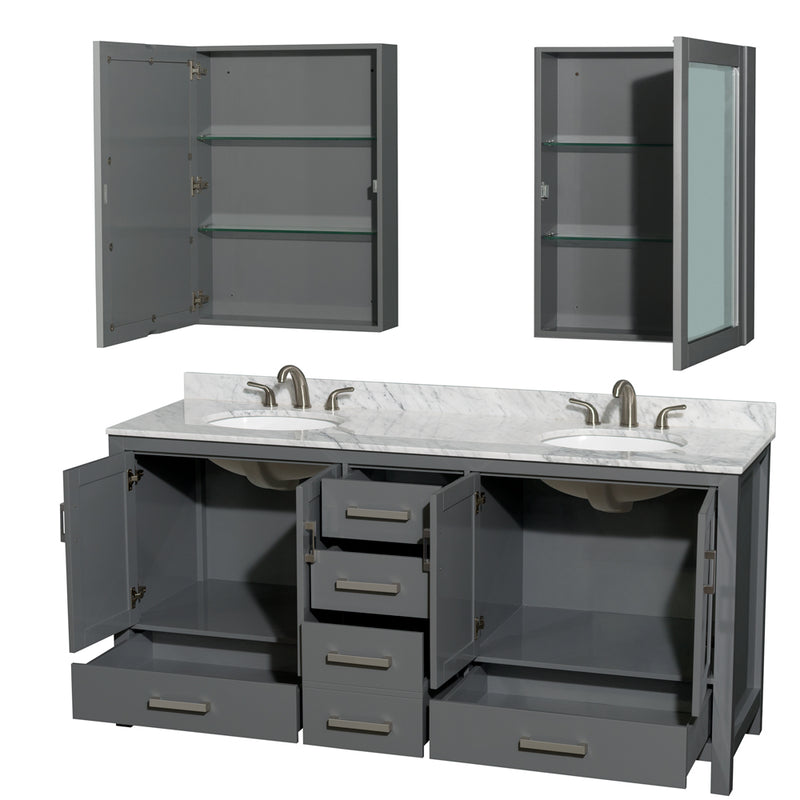 Wyndham Sheffield 72" Double Bathroom Vanity In Dark Gray with White Carrara Marble Countertop Undermount Oval Sinks and Medicine Cabinets WCS141472DKGCMUNOMED