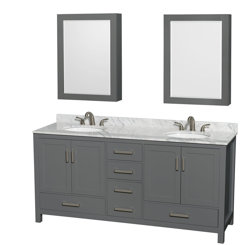 Wyndham Sheffield 72" Double Bathroom Vanity In Dark Gray With White Carrara Marble Countertop Undermount Oval Sinks And Medicine Cabinets WCS141472DKGCMUNOMED