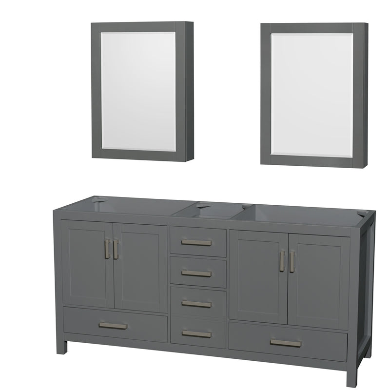 Wyndham Sheffield 72" Double Bathroom Vanity In Dark Gray With No Countertop No Sink And Medicine Cabinets WCS141472DKGCXSXXMED