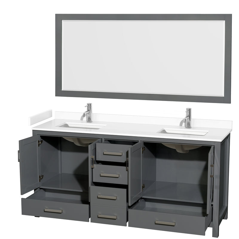 Wyndham Sheffield 72" Double Bathroom Vanity In Dark Gray with White Cultured Marble Countertop Undermount Square Sinks and 70" Mirror WCS141472DKGWCUNSM70